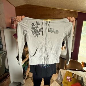 Gray Zip-Up Hoodie with Floral Design